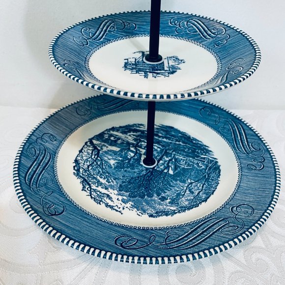 VNTG Currier & Ives 3-Tier Tidbit Tray,10" + 6" Plates/5.75" Bowl NEW Black Hdwe - Picture 8 of 9